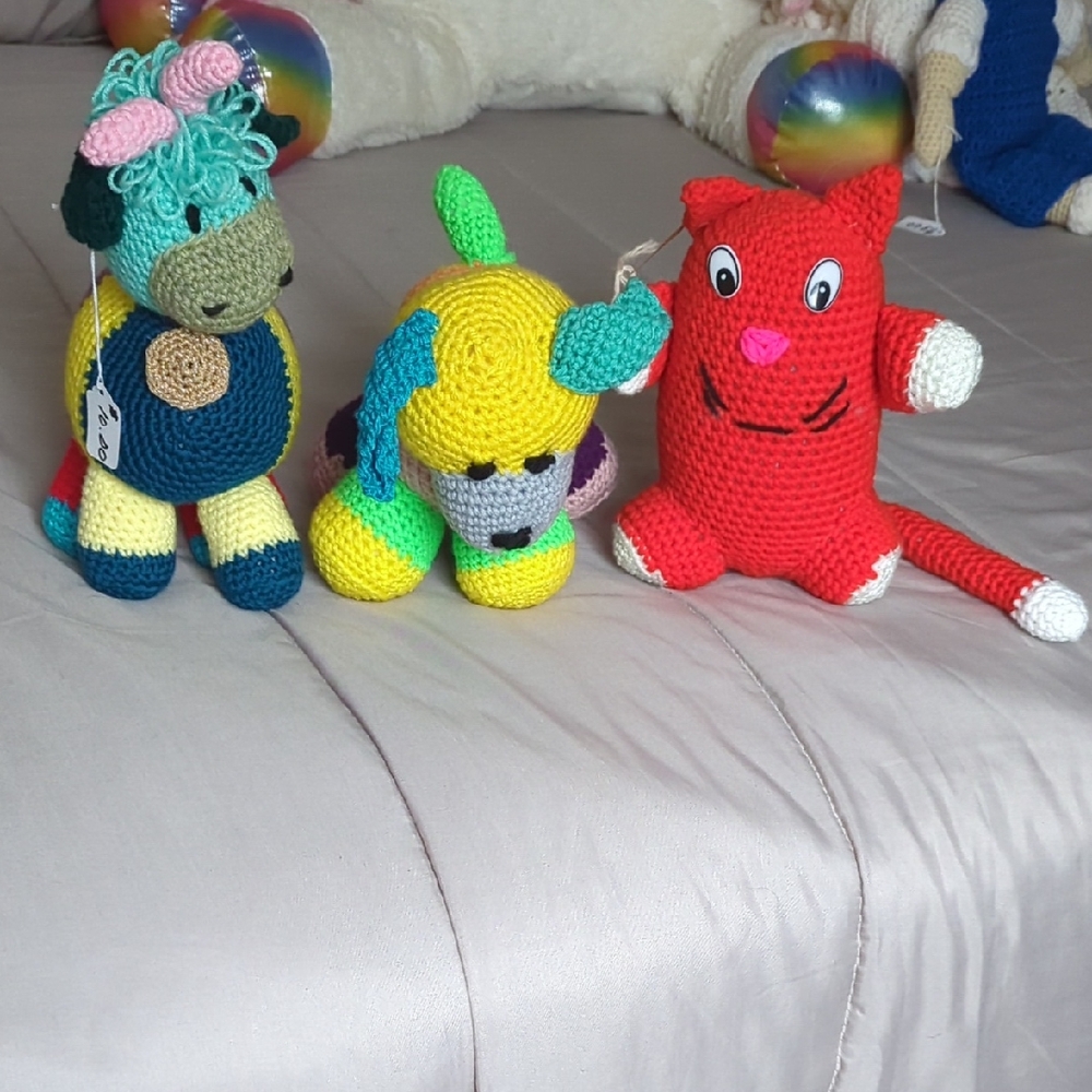 Handcrafted Crochet Animals - Red, Yellow, Blue